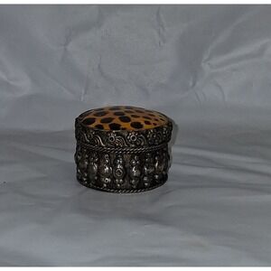 Vintage Round Trinket Box Glass Leopard Print Ornate Silver Tone Metal